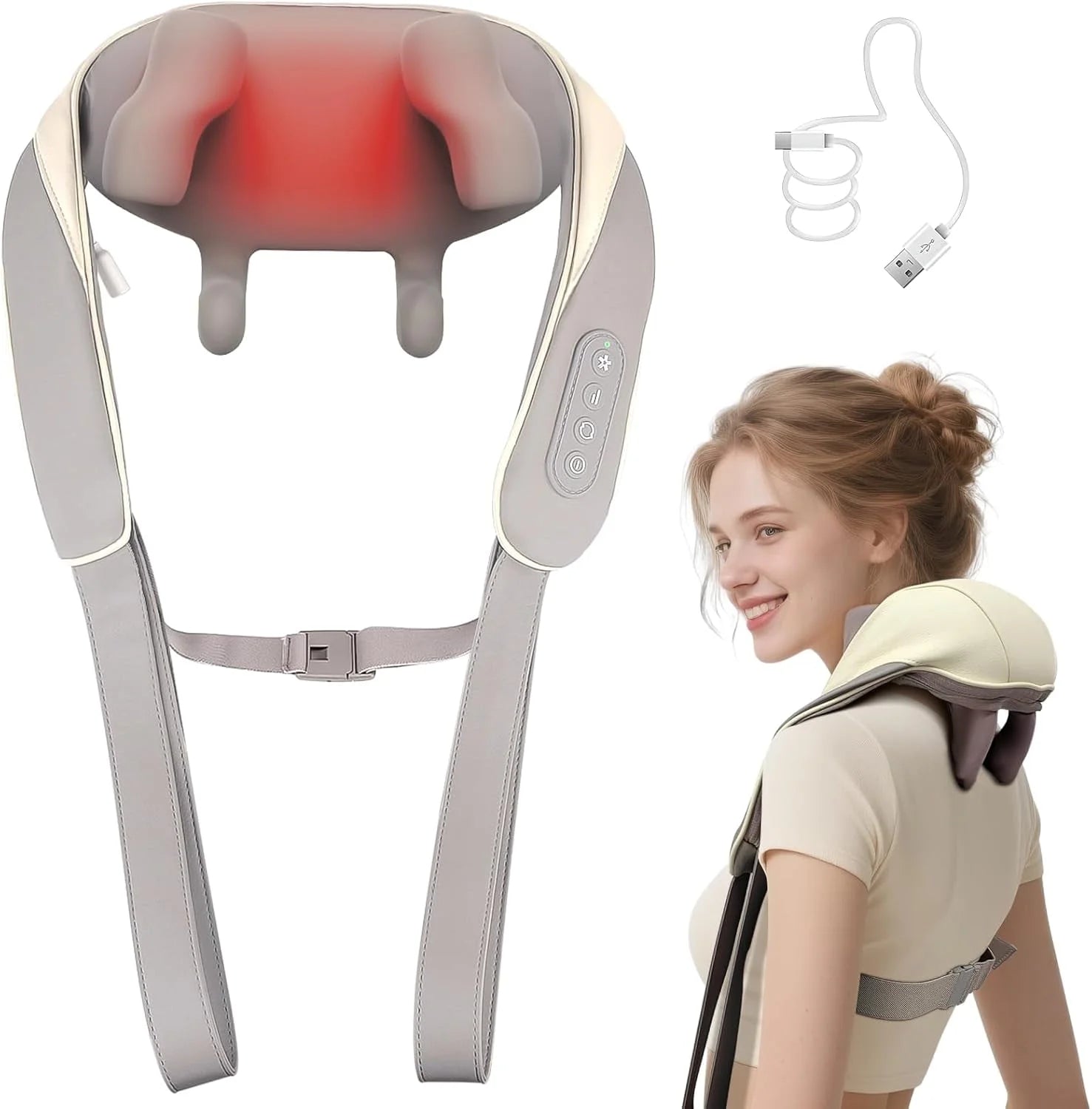 Brushless Neck Massager with Heat, Cordless 4D Professional Neck Massager for Pain Relief Deep Tissue, Ergonomic Kneading Back Shoulder Massagers with 2 Modes/Speeds, Fathers Day Gift